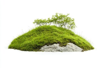 Small Green Hill with Moss and Trees Growing on Gray Stone