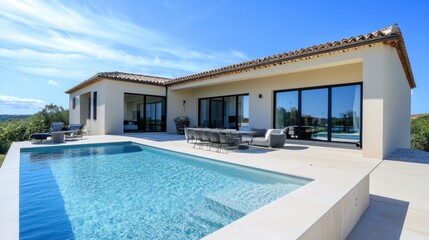 Aufkleber - Modern villa with infinity pool, patio furniture, and expansive views.
