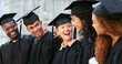 © peopleimages.com - Graduation, talking or group of happy people at university for education goal, school or studying success. Ceremony, graduates or students in line at campus with support, smile or college achievement