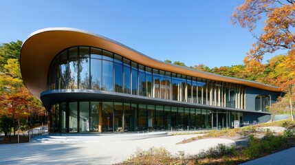 Poster - A cultural center with modern architecture, curved lines, and open-air spaces designed for creativity.