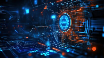 Poster - cutting-edge innovation concept with futuristic technology icons and deep blue cybernetic effects