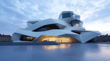 Poster - Modern white building with unique architectural design at dusk.