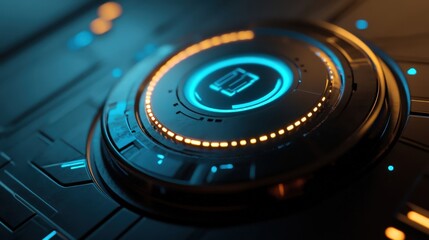 Poster - A cyber-inspired push button with an illuminated surface, designed for AI-driven applications