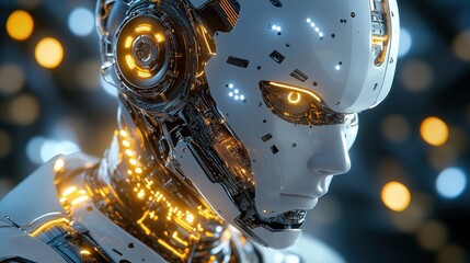 Poster - A cyberpunk-inspired 3D-rendered humanoid robot with glowing circuits and detailed metal plating