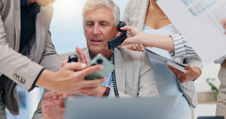 Aufkleber - Businessman, hands and multitasking with phone call, documents or laptop for deadline at insurance agency. CEO, people and chaos by computer, smartphone or paperwork for project management in office