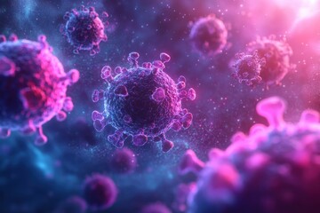 Poster - Detailed view of viral particles in a colorful, abstract representation against a dark background
