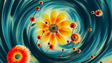 Poster - A painting of a flower with a swirl background. The flower is yellow and surrounded by other flowers