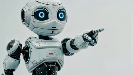 Poster - The futuristic robot, featuring LED lights and a compact design, confidently points forward, engaging viewers with its expressive features and advanced technology.
