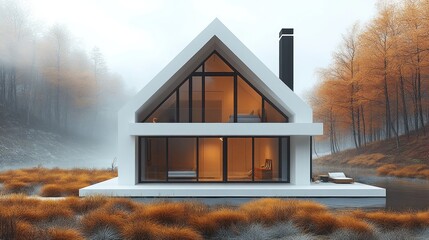 Aufkleber - Modern white house with large windows nestled in an autumnal forest landscape by a lake.