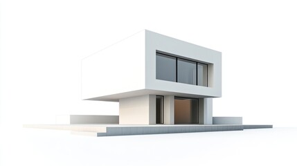 Aufkleber - Modern white minimalist house architectural 3D rendering isolated on white background.