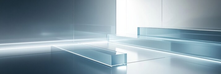 Fototapete - Futuristic abstract composition featuring floating transparent glass panels with soft glowing edges, showcasing a high-end minimalist aesthetic