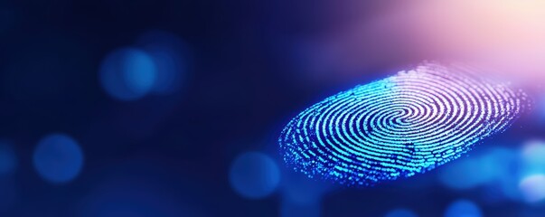 Poster - A vibrant, digital fingerprint against a blurred blue background, symbolizing security, identity, and technology.