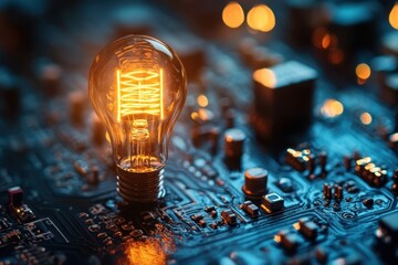 Poster - A bright light bulb shining on a blue circuit board at night showcasing technology and innovation