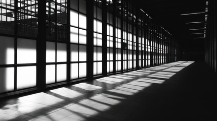 Aufkleber - Monochromatic image of a long corridor with large windows, showcasing light and shadow patterns on the floor.