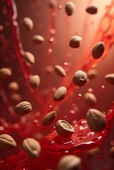 Aufkleber - Almonds falling through a splash of red liquid
