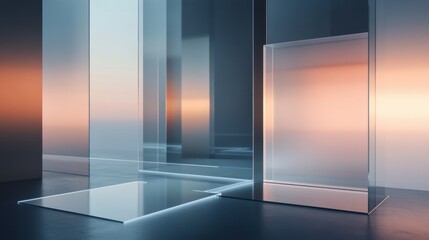Fototapete - Floating transparent glass panels compose a futuristic architecture, set against soft sunset light illuminating an interior space