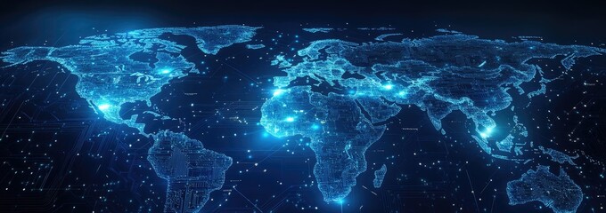 Poster - Glowing Blue Digital World Map of Global Network Connection and Data in Dark Background Representing Technology Communication and Interconnectedness