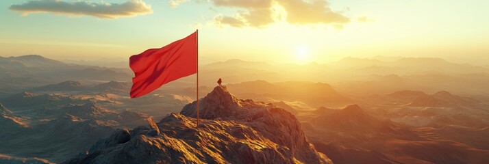 Poster - Bright red flag atop majestic mountain at sunrise, creating a stunning high-energy adventure atmosphere