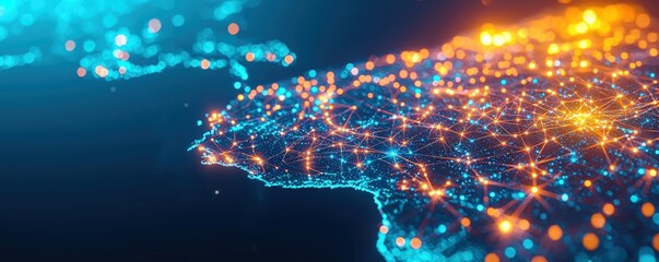 Poster - A vibrant digital representation of a connected landscape, showcasing bright blue and orange lights forming intricate network patterns.