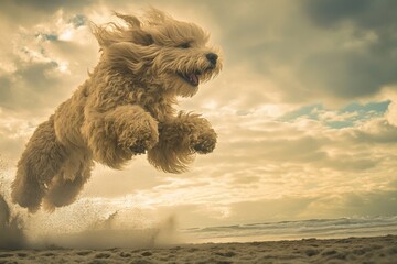 Poster - An excited and happy dog ​​jumps in the air on the beach, his long fur fluttering in the wind.