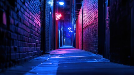 Poster - Neon-lit brick alleyway at night.