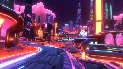 Aufkleber - Neon-lit futuristic cityscape at night, showcasing vibrant architecture and glowing roads.