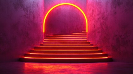 Poster - Neon-lit stairs leading to a glowing archway in a textured pink room.