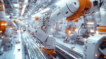 Poster - High tech robotic arms handling production line on conveyor belt in smart factory