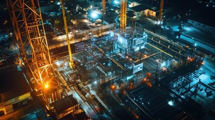 Poster - Night aerial view of an industrial construction site with digital overlays showing technological integration and smart building processes.