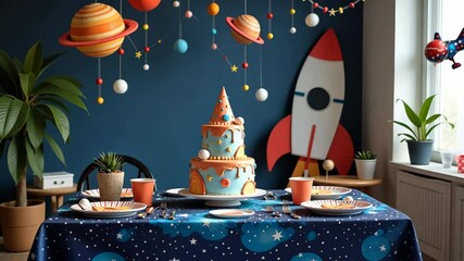 Poster - A table with a cake on it and a rocket on the wall. There are also cups and forks on the table