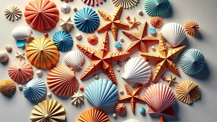 Poster - A colorful array of seashells and stars. The seashells are in various colors and sizes, and the stars are also in different colors and sizes