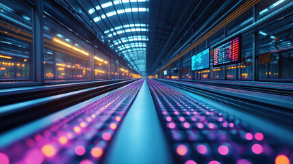 Poster - Automated conveyor belts and digital screens creating a seamless supply chain in a futuristic logistics hub