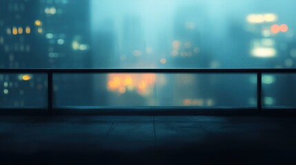 Aufkleber - Night city view from a balcony with a glass railing and dark floor.
