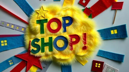 Leinwandbilder - A colorful sign that says Top Shop! In a fun, cartoonish font. The sign is surrounded has a rainbow background