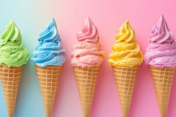 Poster - Colorful ice cream cones lined up with vibrant flavors against a soft pastel background