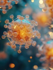 Leinwandbilder - 3D-rendered visualization of adeno-associated virus with semi-transparent capsid and glowing biofluid in macro photography