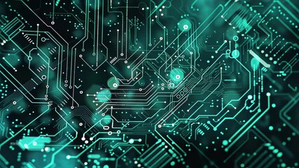 Poster - Complex patterns of circuitry illuminated in shades of blue and green create a visually striking display of technology and design in a digital landscape.