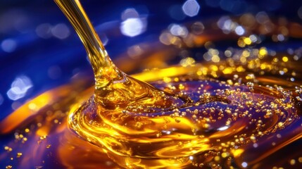Poster - Golden liquid streaming, generating bubbles and rippling surface with soft bokeh against blue backdrop, highlighting viscous fluid dynamics and texture of honey or oil
