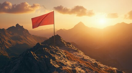 Poster - Bright red flag at mountain peak under golden sunlight with shadows emphasizing adventure spirit and natural beauty
