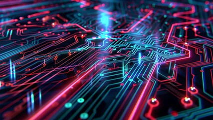 Poster - The vibrant circuit board displays interconnected blue and red pathways, highlighting advanced electronics with glowing nodes on a dark background, emphasizing technology's complexity.