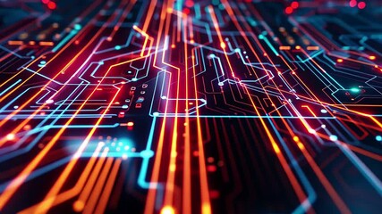 Poster - A vibrant design of interconnected circuits illuminated in bright blue and orange tones highlights technological advancement and electronic connectivity.