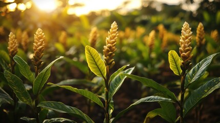 Aufkleber - Beautiful turmeric plantation featuring vibrant green leaves and golden flowers during golden hour at a serene agricultural landscape