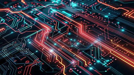 Fototapete - This detailed representation of a circuit board showcases complex pathways illuminated in blue and orange, reflecting a modern technological environment.
