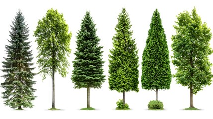 Diverse Collection of Green Trees Showcasing Varied Shapes and Textures Against a White Background