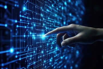 Poster - Hand Interacting with Glowing Blue Digital Circuit Board Interface