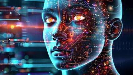 Poster - A futuristic human profile is surrounded by vivid lights and circuits, illustrating the intersection of technology and artificial intelligence in a digital landscape.