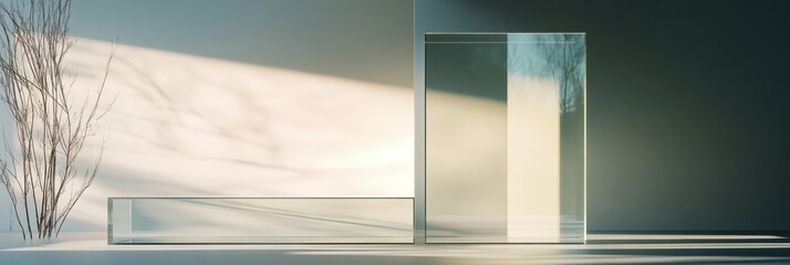 Fototapete - Transparent glass planes catch the light in a minimalist setting showcasing modern design and nature elements