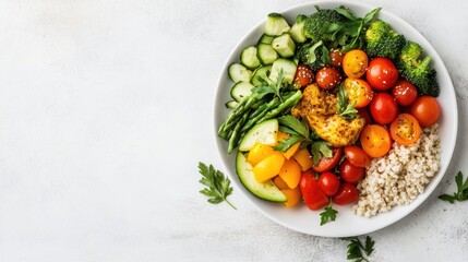 Poster - Colorful arrangement of fresh vegetables, lean protein, and whole grains on a white plate showcasing healthy eating lifestyle
