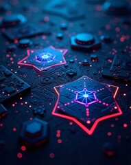 Aufkleber - a high-tech abstract with illuminated circuit board components, featuring star-shaped elements with a glow effect