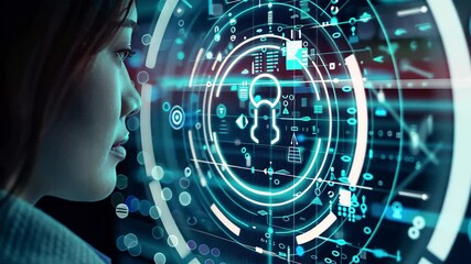 Aufkleber - A young woman interacts with a digital security interface while exploring technology in an advanced city environment at night